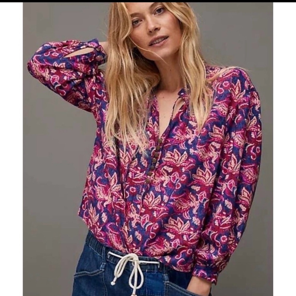 Anthropologie Pilcro Lucille Peasant Blouse Blue, Boho, Hippie, Tie Neck, Size S